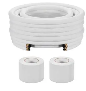 VEVOR 100ft Mini Split Line Set, 3/8 & 5/8 OD AC Copper Tubing Pipe, 3/8 White PE Thickened Insulated Coil with Flared Nuts, Strapping Tapes, for Mini Split Air Conditioner HVAC or Heat Pump System