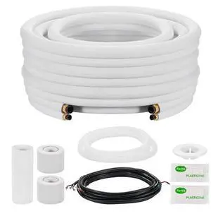 VEVOR 50ft Mini Split Line Set, 3/8 & 5/8 OD AC Copper Tubing Pipe, 3/8 White PE Thickened Insulated Coil with Flared Nuts, Rich Fittings, for Mini Split Air Conditioner HVAC or Heat Pump System