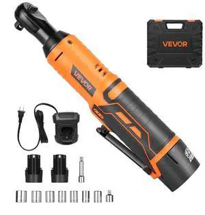 VEVOR Cordless Ratchet Wrench, 3/8 inch Drive, 240 RPM, up to 33 ft-lbs of Torque, Battery Powered Electric Ratchet Wrench Set with Two 2.0Ah Batteries, Charger, Sockets, Adaptor and Extension Bar