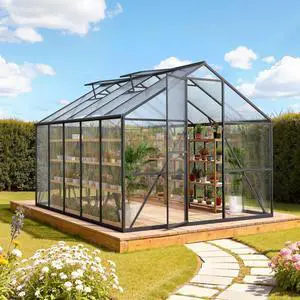 VEVOR 8 x 10 FT Polycarbonate Greenhouse, Heavy Duty Outdoor Green House with Adjustable Vents & Push-Pull Lockable Door, Quick Setup, Aluminum Frame Walk-in Greenhouse Sunroom for Outside Garden Lawn
