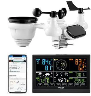VEVOR 7-in-1 Wi-Fi Weather Station, 7.5-Inch VA Display, Solar Powered Wireless Outdoor Sensor, Home Weather Station Indoor Outdoor, for Temperature, Humidity, Wind Speed/Direction, Rainfall, No APP