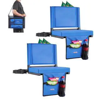 VEVOR Stadium Seat, Folding Bleacher Seat with Back Support & Thick Cushion, Padded Stadium Seats for Bleacher Includes Shoulder Strap, Hooks, Cup Holder, and Side Pocket, Blue Bleachers Chair