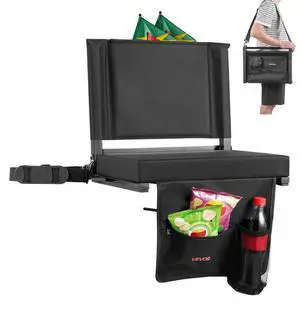 VEVOR Stadium Seat, Folding Bleacher Chair with Back Support and Thick Cushion, Padded Stadium Seat for Bleacher Includes Shoulder Strap, Hooks, Cup Holder, and Side Pocket, Black Bleachers Chair