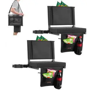 VEVOR Stadium Seat, Folding Bleacher Seat with Back Support and Thick Cushion, Padded Stadium Seats for Bleacher Includes Shoulder Strap, Hooks, Cup Holder, and Side Pocket, Black Bleachers Chair