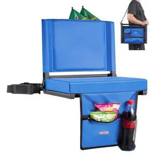 VEVOR Stadium Seat, Folding Bleacher Chair with Back Support and Thick Cushion, Padded Stadium Seat for Bleacher Includes Shoulder Strap, Hooks, Cup Holder, and Side Pocket, Blue Bleachers Chair
