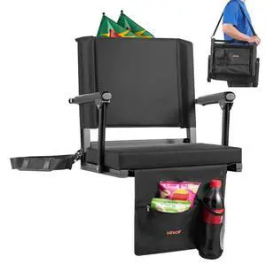 VEVOR Stadium Seat, Portable Bleacher Seat with Armrest, Back Support and Thick Cushion, Bench Chair for Bleacher Includes Shoulder Strap, Hooks, Cup Holder, Black Football Bleachers Seats, 1PCS