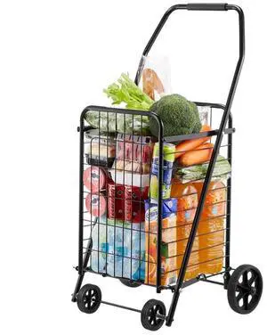 VEVOR Shopping Cart, Folding Grocery Utility Cart with Swivel Wheels, 90 LBS Large Load Capacity, Heavy Duty Rolling Laundry Basket Butler for Laundry, Shopping, Camping, Grocery, Luggage, Black