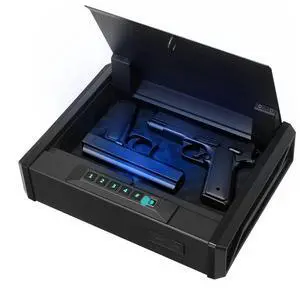 VEVOR Gun Safe, Heavy Duty Handgun Safe with Fingerprint/Password/Key, 3-Way Quick Access Firearm Case Box with Lighting for 2 Pistols & 2 Magazines, Pistol Gun Box for Nightstand Bedside Desk Car