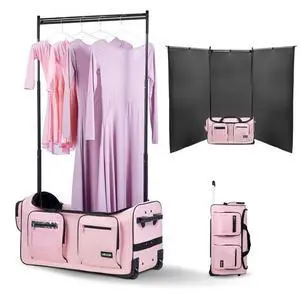 VEVOR Dance Bag with Garment Rack, 29 Inch Rolling Dance Duffel, with Wheels, USB Port, Height Adjustable Clothes Rack, Privacy Protection Curtain, Ideal for Travel and Competitions, Matte Pink
