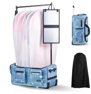 VEVOR Dance Bag with Garment Rack, 29 Inch Rolling Dance Duffel, with Wheels, USB Port, Height Adjustable Clothes Rack, Privacy Protection Curtain, Ideal for Travel and Competitions, Sparkling Blue
