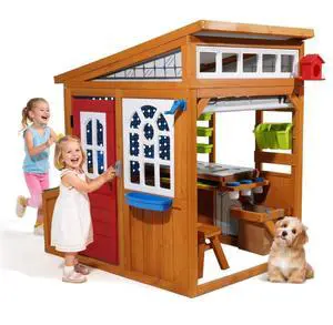 VEVOR Outdoor Playhouse, Cedar Wooden Kids Playhouse with Bird Nest, Doorbell, Trash Bin, Gravity Wall Set, Storage Pocket, Windowsill, Wooden Kids Cottage for Aged 3 to 10, Rounded Corners