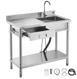 VEVOR Stainless Steel Utility Sink, Free Standing Single Bowl Commercial Kitchen Sink with Drawer, Faucet and Hot & Cold Water Pipe, Utility Basin for Garage Restaurant Laundry, 39.4 x 19.7 x 37 in