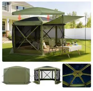 VEVOR Pop up Gazebo Screen Tent, 10 x 10 ft Large 6-Sided Camping Canopy Tent with Removable Top & Carry Bag, Quick-Set & Bite-Proof, Screen House Sun Shelter for 6-8 Persons Backyard Patio, Green