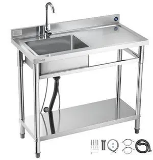 VEVOR Stainless Steel Utility Sink, Free Standing Single Bowl Commercial Kitchen Sink with Faucet, 39.4 x 19.7 x 37 in, Utility Right Basin with Hot & Cold Water Pipe for Garage, Restaurant, Laundry