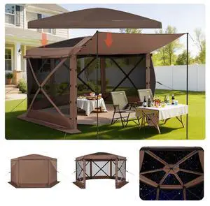 VEVOR Pop up Gazebo Screen Tent, 12 x 12 ft Large 6-Sided Camping Canopy Tent with Removable Top & Carry Bag, Quick-Set & Bite-Proof, Screen House Sun Shelter for 8-10 Persons Backyard Patio, Brown