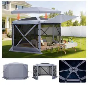 VEVOR Pop up Gazebo Screen Tent, 12 x 12 ft Large 6-Sided Camping Canopy Tent with Removable Top & Carry Bag, Quick-Set & Bite-Proof, Screen House Sun Shelter for 8-10 Persons Backyard Patio, Grey