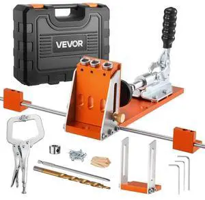 VEVOR Pocket Hole Jig Kit, 1/2 to 1-1/2 in Adjustable, Jig Pocket Hole System with Toolcase, C-Clamp, Step Drill, Hex Wrench, Drill Stop Ring, Square Drive Bit, Reinforced Metal Frame, for Woodworking