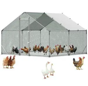 VEVOR Large Metal Chicken Coop,9.8 x 9.8 x 6.6 ft, Walk-in Chicken Run House with Waterproof Cover & Sturdy Frame, Spire Roof Poultry Cage Duck Pen for Rabbit Hen Goose Outdoor Backyard Farm Use