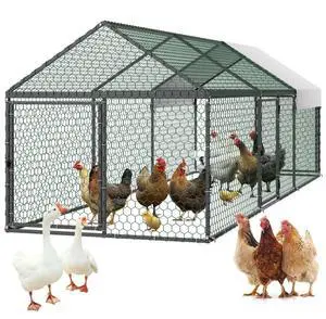 VEVOR Metal Chicken Coop for 6-8 Chickens, 3.3 x 9.8 x 3.3 ft, Small Chicken Cage with Waterproof Cover & 3 Doors, Spire Roof Poultry Run Compatible with Wooden Coops, for Rabbit Hen Goose Duck