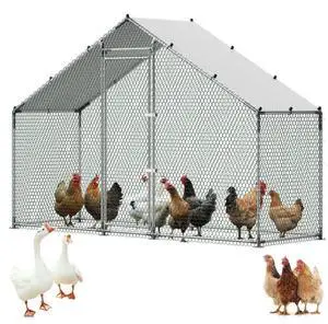 VEVOR Large Metal Chicken Coop,9.8 x 3.3 x 6.6 ft, Walk-in Chicken Run House with Waterproof Cover & Sturdy Frame, Spire Roof Poultry Cage Duck Pen for Rabbit Hen Goose Outdoor Backyard Farm Use