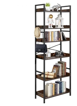 Industrial Bookshelf, 6-Tier, Vintage Ladder Shelf Bookshelves and Bookcases, with Metal Frame, Book Organizer with Open Shelves, for Living Room, Bedroom, Kitchen, Home Office, Rustics Brown Industrial Bookshelf, 6-Tier, Vintage Ladder Shelf Bookshelves and Bookcases, with Metal Frame, Book Organizer with Open Shelves, for Living Room, Bedroom, Kitchen, Home Office, Rustics Brown