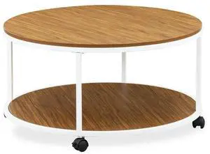 East West Furniture Harley Round Coffee Table for Living Room, Mid Century Modern Coffee Table in Powder Coating White Color and Brown Wood Laminate East West Furniture Harley Round Coffee Table for Living Room, Mid Century Modern Coffee Table in Powder Coating White Color and Brown Wood Laminate