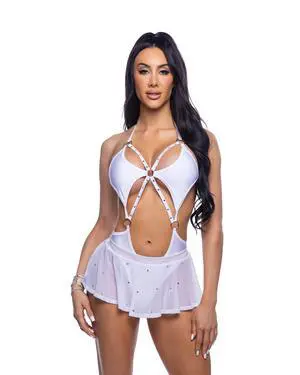 Roma Costume Bedazzled Mesh Mini Skirt with Rhinestone Detail, White, L/XL Roma Costume Bedazzled Mesh Mini Skirt with Rhinestone Detail, White, L/XL