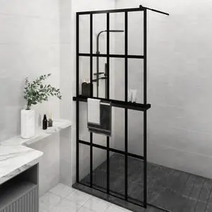 vidaXL Walk-in Shower Wall with Shelf Black 39.4"x76.8" ESG Glass&Aluminum vidaXL Walk-in Shower Wall with Shelf Black 39.4"x76.8" ESG Glass&Aluminum