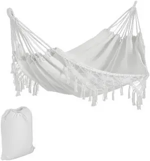Aosom Extra Large Boho Hammock with Macrame Tassel Fringe, Includes Carrying Bag, Indoor Outdoor Tree Hammock for Porch, Backyard, Camping, White Aosom Extra Large Boho Hammock with Macrame Tassel Fringe, Includes Carrying Bag, Indoor Outdoor Tree Hammock for Porch, Backyard, Camping, White