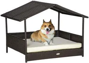 Aosom Wicker Dog House Outdoor with Canopy, Rattan Dog Bed with Water-resistant Cushion, Raised Dog Bed for Small, Medium Dogs up to 66 lbs, 19.75" in Length, Brown Wicker, White Cushion Aosom Wicker Dog House Outdoor with Canopy, Rattan Dog Bed with Water-resistant Cushion, Raised Dog Bed for Small, Medium Dogs up to 66 lbs, 19.75" in Length, Brown Wicker, White Cushion
