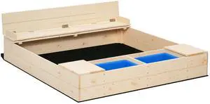 Aosom Kids Wooden Sandbox w/ Two Plastic Boxes Foldable Bench Seat Waterproof Cover Bottom Liner Storage Space Aosom Kids Wooden Sandbox w/ Two Plastic Boxes Foldable Bench Seat Waterproof Cover Bottom Liner Storage Space
