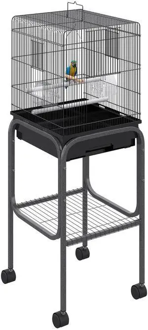 Aosom 45-inch Metal Indoor Bird Cage, Parrot Cage, Bird Aviary with Detachable Rolling Stand, Storage Basket, and Accessories - Black Aosom 45-inch Metal Indoor Bird Cage, Parrot Cage, Bird Aviary with Detachable Rolling Stand, Storage Basket, and Accessories - Black