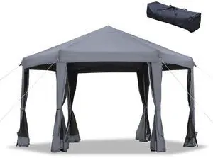 Aosom 13' x 11' Hexagonal Pop Up Gazebo, Heavy Duty Outdoor Canopy Tent with 6 Mesh Sidewall Netting, 3-Level Adjustable Height and Strong Steel Frame, Gray Aosom 13' x 11' Hexagonal Pop Up Gazebo, Heavy Duty Outdoor Canopy Tent with 6 Mesh Sidewall Netting, 3-Level Adjustable Height and Strong Steel Frame, Gray