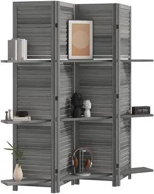 Aosom 4 Panel 67" Tall Wood Privacy Screen Room Divider with 3 Shelves and Folding Storage for Bedroom, Gray Aosom 4 Panel 67" Tall Wood Privacy Screen Room Divider with 3 Shelves and Folding Storage for Bedroom, Gray
