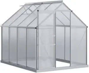 Aosom 8' x 6' Aluminum Outdoor Greenhouse, Polycarbonate Walk-in Garden Greenhouse Kit with Adjustable Roof Vent, Rain Gutter and Sliding Door for Winter, Silver Aosom 8' x 6' Aluminum Outdoor Greenhouse, Polycarbonate Walk-in Garden Greenhouse Kit with Adjustable Roof Vent, Rain Gutter and Sliding Door for Winter, Silver