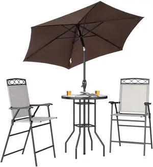 Aosom 4 Piece Outdoor Bar Set with Umbrella, Patio Dining Set with 2 Folding Chairs, Wave Textured Tempered Glass Table for Backyard, Garden, Deck, Poolside, Beige Aosom 4 Piece Outdoor Bar Set with Umbrella, Patio Dining Set with 2 Folding Chairs, Wave Textured Tempered Glass Table for Backyard, Garden, Deck, Poolside, Beige