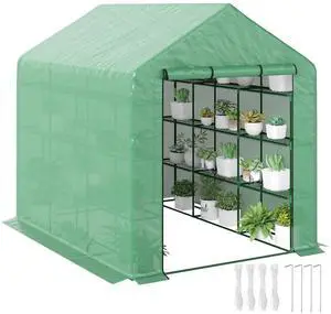 Aosom Outdoor Walk-in Greenhouse with Roll-up Zipper Door, 18 Shelves, PE Cover, 95.25" x 70.75" x 82.75", Green Aosom Outdoor Walk-in Greenhouse with Roll-up Zipper Door, 18 Shelves, PE Cover, 95.25" x 70.75" x 82.75", Green