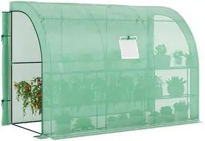 Aosom 10' x 5' x 7' Lean to Greenhouse, Walk-In Green House, Plant Nursery with 2 Roll-up Doors and Windows, PE Cover and 3 Wire Shelves, Green Aosom 10' x 5' x 7' Lean to Greenhouse, Walk-In Green House, Plant Nursery with 2 Roll-up Doors and Windows, PE Cover and 3 Wire Shelves, Green