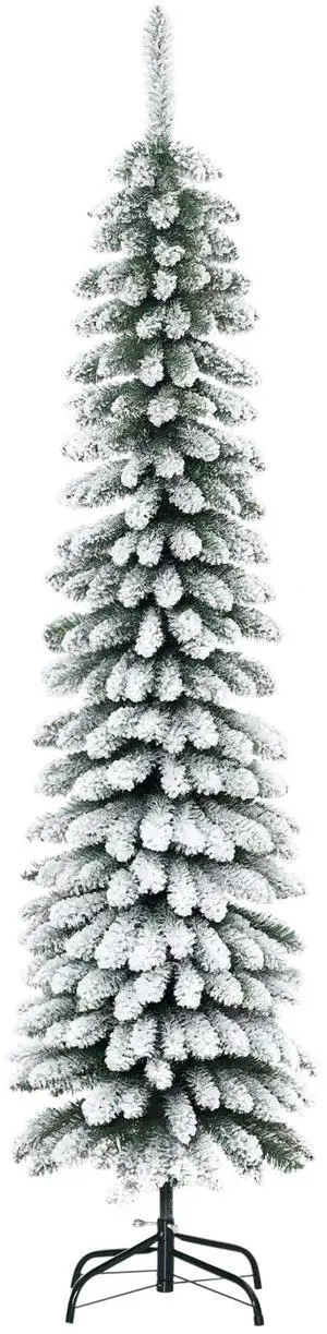 Aosom 6' Tall Unlit Slim Pencil Xmas Tree, Snow Flocked Artificial Christmas Tree with Realistic Branches and 603 Tips, Green Aosom 6' Tall Unlit Slim Pencil Xmas Tree, Snow Flocked Artificial Christmas Tree with Realistic Branches and 603 Tips, Green