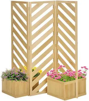 Aosom Decorative Outdoor Privacy Screen, Freestanding Divider/Separator with 4 Self-Draining Planters, 3 Trellis Plant Support Panels for Garden Walkway, Backyard, Natural Wood Aosom Decorative Outdoor Privacy Screen, Freestanding Divider/Separator with 4 Self-Draining Planters, 3 Trellis Plant Support Panels for Garden Walkway, Backyard, Natural Wood