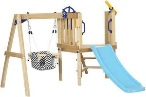 Aosom Swing Set for Backyard, Wooden Toddler Outdoor Playset with Baby Swing Seat, Kids Slide, Fort, Playground Equipment with Captain's Wheel, Telescope for Ages 1.5-4, Natural Aosom Swing Set for Backyard, Wooden Toddler Outdoor Playset with Baby Swing Seat, Kids Slide, Fort, Playground Equipment with Captain's Wheel, Telescope for Ages 1.5-4, Natural