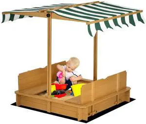 Aosom Wooden Kids Sandbox with Cover, Children Outdoor Sand Box with Foldable Bench Seats and Adjustable Canopy Aosom Wooden Kids Sandbox with Cover, Children Outdoor Sand Box with Foldable Bench Seats and Adjustable Canopy