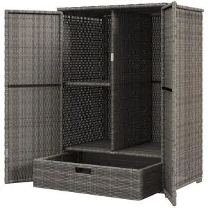 Aosom Outdoor Storage Cabinet with Shelves, Rattan Pool Towel Storage Cabinet with Removable Shelf & Drawer, Dark Gray Aosom Outdoor Storage Cabinet with Shelves, Rattan Pool Towel Storage Cabinet with Removable Shelf & Drawer, Dark Gray