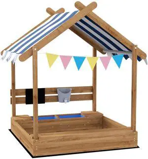Aosom Wooden Sandbox with Canopy, House Design for 3-7 Years Old, Brown Aosom Wooden Sandbox with Canopy, House Design for 3-7 Years Old, Brown