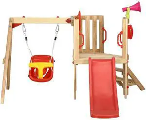 Aosom 4-in-1 Wooden Swing Set with Swing, Slide, Horn, Steering Wheel, Red Aosom 4-in-1 Wooden Swing Set with Swing, Slide, Horn, Steering Wheel, Red