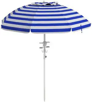 Aosom 5.7' Beach Umbrella for Travel with Tilt, Adjustable Height, 2 Cup Holders, Hooks, Vent, Ruffles, Blue Stripe Aosom 5.7' Beach Umbrella for Travel with Tilt, Adjustable Height, 2 Cup Holders, Hooks, Vent, Ruffles, Blue Stripe