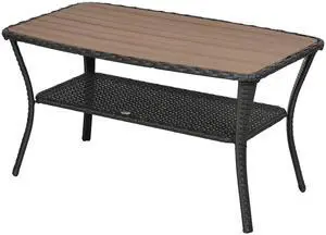 Aosom Outdoor Patio PE Rattan Coffee Table with Storage Shelf, Wicker Side Table with Wood-Plastic Composite Top, Mixed Brown Aosom Outdoor Patio PE Rattan Coffee Table with Storage Shelf, Wicker Side Table with Wood-Plastic Composite Top, Mixed Brown