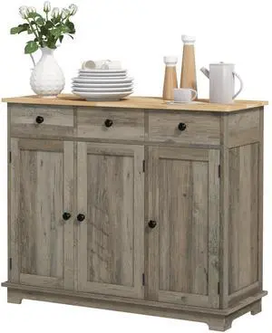 Aosom Kitchen Storage Cabinet, Sideboard Floor Cupboard with Solid Wood Top, Adjustable Shelf, and 3 Drawers, Distressed Gray Aosom Kitchen Storage Cabinet, Sideboard Floor Cupboard with Solid Wood Top, Adjustable Shelf, and 3 Drawers, Distressed Gray