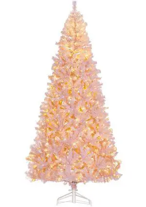 Aosom 7.5 FT Tall PreLit Artificial Christmas Tree with Realistic Branches, 500 Warm White LED Lights and 1346 Tips, Pink Aosom 7.5 FT Tall PreLit Artificial Christmas Tree with Realistic Branches, 500 Warm White LED Lights and 1346 Tips, Pink