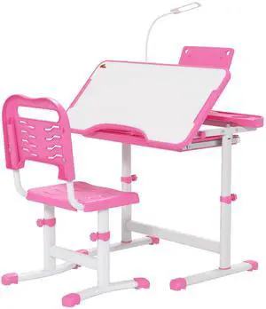 AosomQaba Kids Desk and Chair Set with USB Light, Storage Drawer, Pink AosomQaba Kids Desk and Chair Set with USB Light, Storage Drawer, Pink